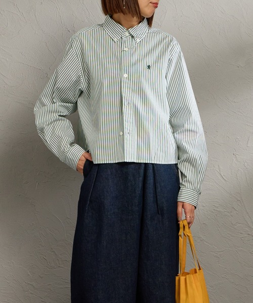 GYMPHLEX（ジムフレックス）の「[GYMPHLEX/ジムフレックス] ショート丈 ボタンダウン タイプライター マルチストライプシャツ（シャツ/ブラウス・レディース・グリーン・12）」の4枚目の写真