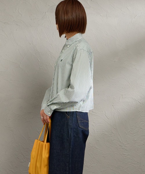 GYMPHLEX（ジムフレックス）の「[GYMPHLEX/ジムフレックス] ショート丈 ボタンダウン タイプライター マルチストライプシャツ（シャツ/ブラウス・レディース・グリーン・12）」の5枚目の写真