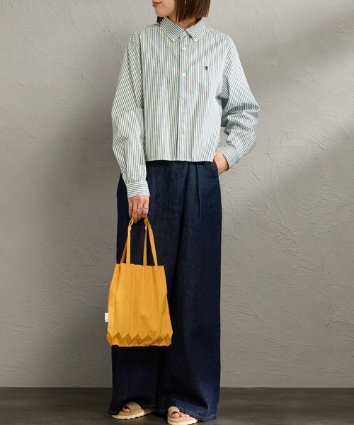 GYMPHLEX（ジムフレックス）の「[GYMPHLEX/ジムフレックス] ショート丈 ボタンダウン タイプライター マルチストライプシャツ（シャツ/ブラウス・レディース・グリーン・12）」の2枚目の写真