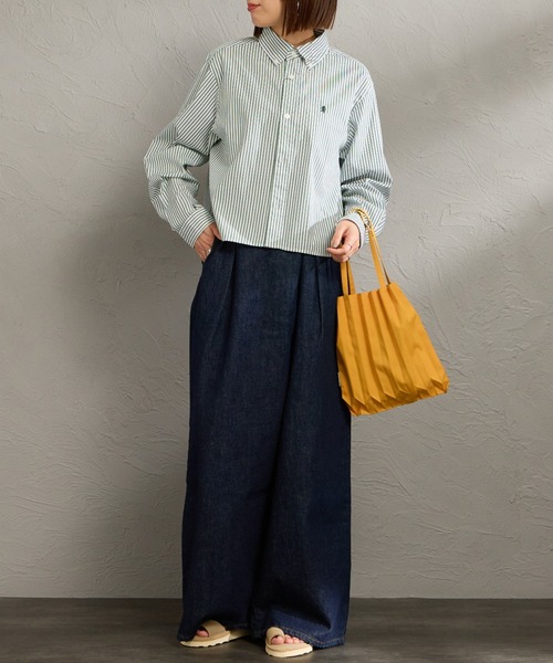 GYMPHLEX（ジムフレックス）の「[GYMPHLEX/ジムフレックス] ショート丈 ボタンダウン タイプライター マルチストライプシャツ（シャツ/ブラウス・レディース・グリーン・12）」の7枚目の写真