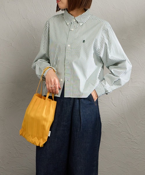 GYMPHLEX（ジムフレックス）の「[GYMPHLEX/ジムフレックス] ショート丈 ボタンダウン タイプライター マルチストライプシャツ（シャツ/ブラウス・レディース・グリーン・12）」の3枚目の写真