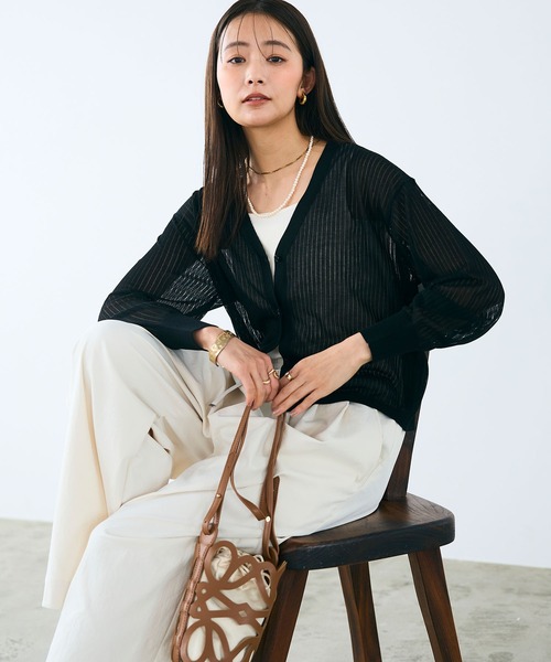 CROSS FUNCTION（クロスファンクション）の「《洗える》サマ美え シアーリブニットVネックカーディガン【CROSS FUNCTION/クロスファンクション】（カーディガン/ボレロ・レディース・モカ/ブラック・M/LL/L）」の6枚目の写真