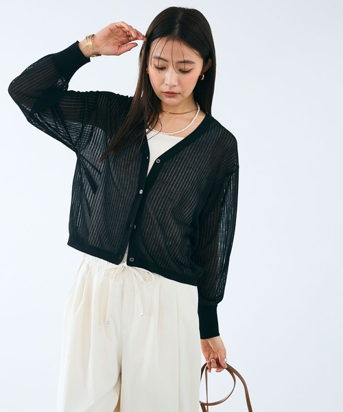 CROSS FUNCTION（クロスファンクション）の「《洗える》サマ美え シアーリブニットVネックカーディガン【CROSS FUNCTION/クロスファンクション】（カーディガン/ボレロ・レディース・モカ/ブラック・M/LL/L）」の3枚目の写真