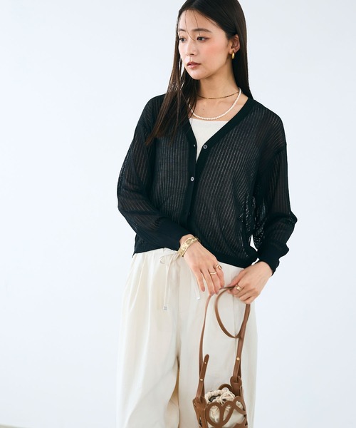 CROSS FUNCTION（クロスファンクション）の「《洗える》サマ美え シアーリブニットVネックカーディガン【CROSS FUNCTION/クロスファンクション】（カーディガン/ボレロ・レディース・モカ/ブラック・M/LL/L）」の4枚目の写真