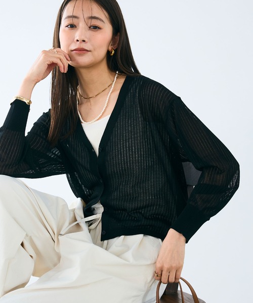 CROSS FUNCTION（クロスファンクション）の「《洗える》サマ美え シアーリブニットVネックカーディガン【CROSS FUNCTION/クロスファンクション】（カーディガン/ボレロ・レディース・モカ/ブラック・M/LL/L）」の7枚目の写真