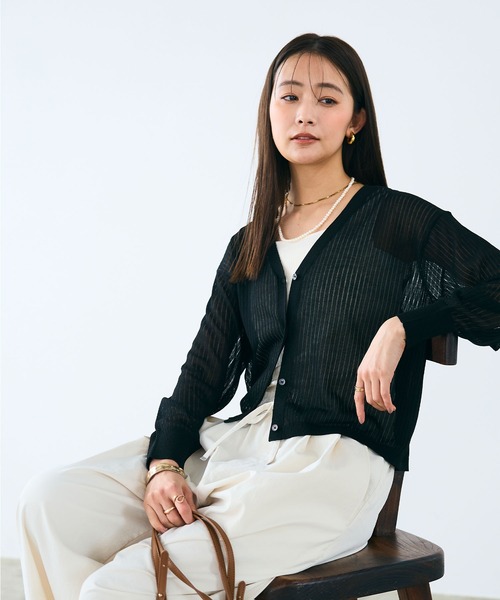 CROSS FUNCTION（クロスファンクション）の「《洗える》サマ美え シアーリブニットVネックカーディガン【CROSS FUNCTION/クロスファンクション】（カーディガン/ボレロ・レディース・モカ/ブラック・M/LL/L）」の8枚目の写真