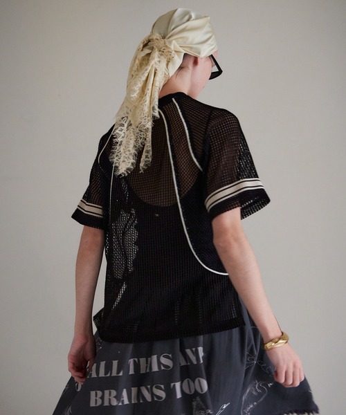 【美品】  NOWOS / ノーウォス | mesh T-shirt メッシュ ナンバリング カットソー | ホワイト/グリーン | レディース PRE-ORDER】Numbering Mesh T-Shirt/ナンバリングメッシュTシャツ（T