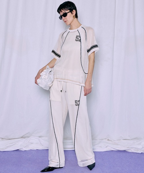 【美品】  NOWOS / ノーウォス | mesh T-shirt メッシュ ナンバリング カットソー | ホワイト/グリーン | レディース PRE-ORDER】Numbering Mesh T-Shirt/ナンバリングメッシュTシャツ（T