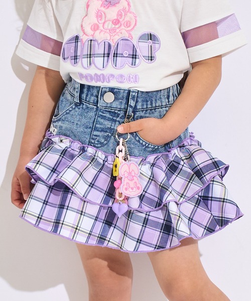 ANAP kids(アナップキッズ)の「POMPOMチャーム付 チェック切り替え スカート(スカート・キッズ・ピンク/ラベンダー・110/120/130)」の2枚目の写真