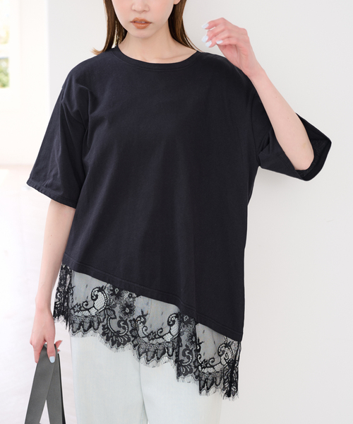 U by SPICK&SPAN(ユーバイスピックアンドスパン)の「ハーフスリーブレースTEE(Tシャツ/カットソー・レディース・ホワイト/ブラック/ブラウン・FREE)」の3枚目の写真