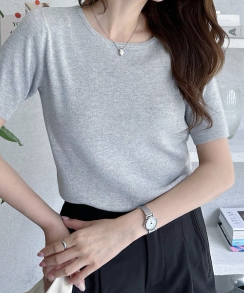umune(ウムネ)の「サマーニット 半袖 秋冬 韓国キレイめ 半袖ニット ハリ感上品大人カジュアルTシャツ(ニット/セーター・レディース・テラコッタ/ブラック/杢グレー・FREE)」の9枚目の写真