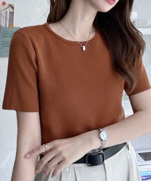 umune(ウムネ)の「サマーニット 半袖 秋冬 韓国キレイめ 半袖ニット ハリ感上品大人カジュアルTシャツ(ニット/セーター・レディース・テラコッタ/ブラック/杢グレー・FREE)」の15枚目の写真