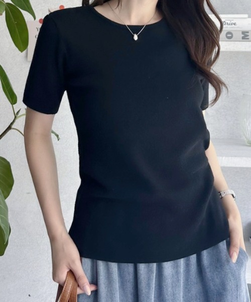 umune(ウムネ)の「サマーニット 半袖 秋冬 韓国キレイめ 半袖ニット ハリ感上品大人カジュアルTシャツ(ニット/セーター・レディース・テラコッタ/ブラック/杢グレー・FREE)」の16枚目の写真