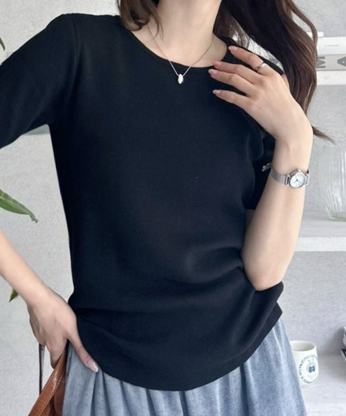 umune(ウムネ)の「サマーニット 半袖 秋冬 韓国キレイめ 半袖ニット ハリ感上品大人カジュアルTシャツ(ニット/セーター・レディース・テラコッタ/ブラック/杢グレー・FREE)」の17枚目の写真