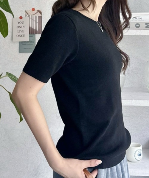 umune(ウムネ)の「サマーニット 半袖 秋冬 韓国キレイめ 半袖ニット ハリ感上品大人カジュアルTシャツ(ニット/セーター・レディース・テラコッタ/ブラック/杢グレー・FREE)」の18枚目の写真