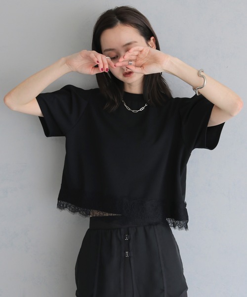 &g'aime（アンジェム）の「【&g'aime】レースヘムデザイントップス　Lace Hem Design Top（Tシャツ/カットソー・レディース・ホワイト/ブラック・FREE）」の2枚目の写真