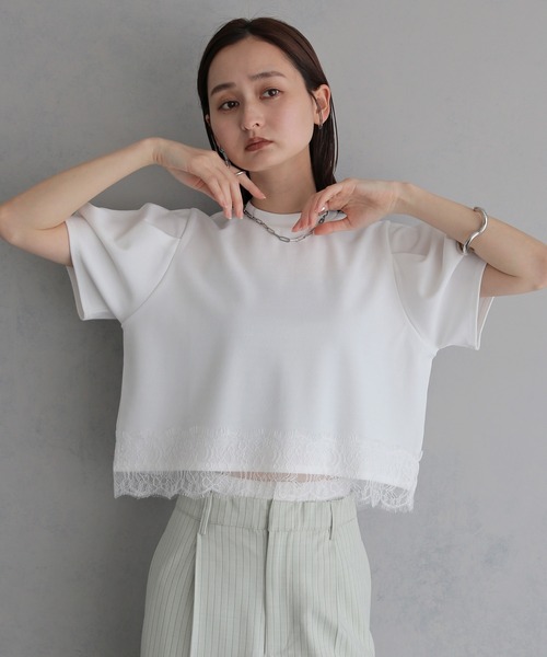&g'aime（アンジェム）の「【&g'aime】レースヘムデザイントップス　Lace Hem Design Top（Tシャツ/カットソー・レディース・ホワイト/ブラック・FREE）」の5枚目の写真