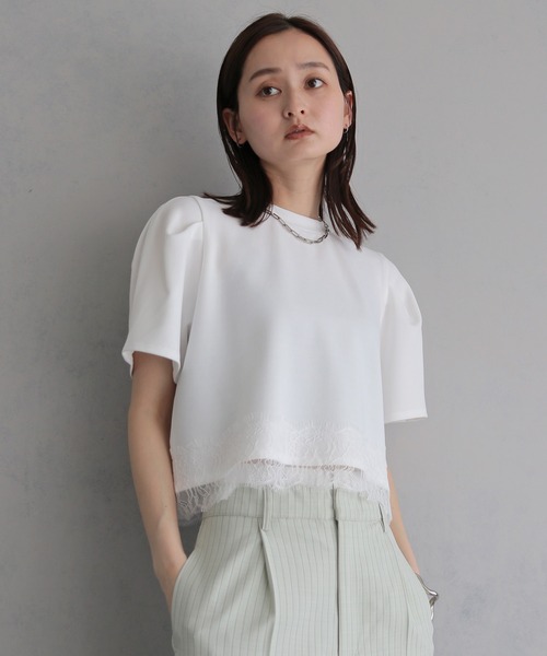 &g'aime（アンジェム）の「【&g'aime】レースヘムデザイントップス　Lace Hem Design Top（Tシャツ/カットソー・レディース・ホワイト/ブラック・FREE）」の4枚目の写真