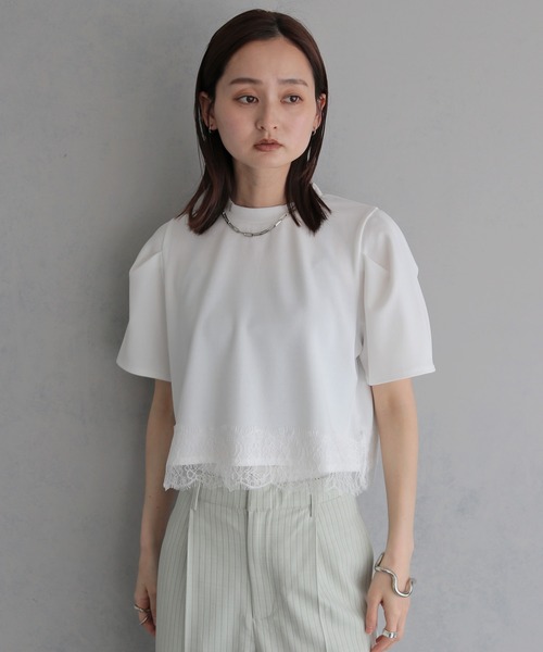 &g'aime（アンジェム）の「【&g'aime】レースヘムデザイントップス　Lace Hem Design Top（Tシャツ/カットソー・レディース・ホワイト/ブラック・FREE）」の3枚目の写真