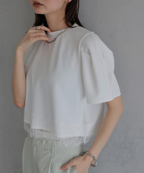 &g'aime（アンジェム）の「【&g'aime】レースヘムデザイントップス　Lace Hem Design Top（Tシャツ/カットソー・レディース・ホワイト/ブラック・FREE）」の10枚目の写真