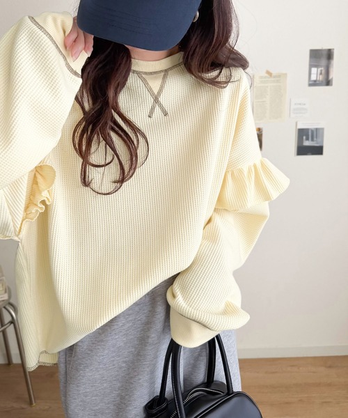 Java(ジャバ)の「《JaVaジャバコラボ》カジュアル派さんにも推したい。袖フリルオーバーサイズ配色ステッチワッフルプルオーバー(長袖)(Tシャツ/カットソー・レディース・杢グレー/アイボリー/チャコール/ブラック/ネイビー・LARGE/X-LARGE/SMALL/MEDIUM)」の13枚目の写真