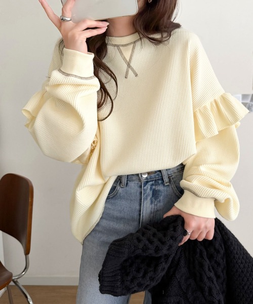 Java(ジャバ)の「《JaVaジャバコラボ》カジュアル派さんにも推したい。袖フリルオーバーサイズ配色ステッチワッフルプルオーバー(長袖)(Tシャツ/カットソー・レディース・杢グレー/アイボリー/チャコール/ブラック/ネイビー・LARGE/X-LARGE/SMALL/MEDIUM)」の11枚目の写真