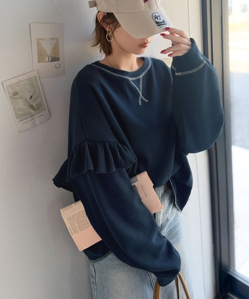 Java(ジャバ)の「《JaVaジャバコラボ》カジュアル派さんにも推したい。袖フリルオーバーサイズ配色ステッチワッフルプルオーバー(長袖)(Tシャツ/カットソー・レディース・杢グレー/アイボリー/チャコール/ブラック/ネイビー・LARGE/X-LARGE/SMALL/MEDIUM)」の7枚目の写真