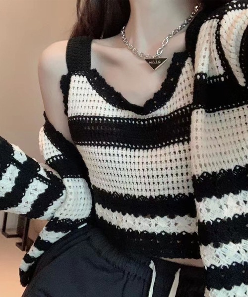 GLAMOROUS JANE(グラマラスジェーン)の「ボーダー透かし編みアンサンブルニット(ニット/セーター・レディース・ブラック/ベージュ・FREE)」の17枚目の写真