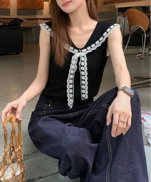 &soiree(アンドソワレ)の「Vネックボウタイレースノースリーブトップス(Tシャツ/カットソー・レディース・アイボリー/ホワイト/ブラック/ピンク・FREE)」の6枚目の写真