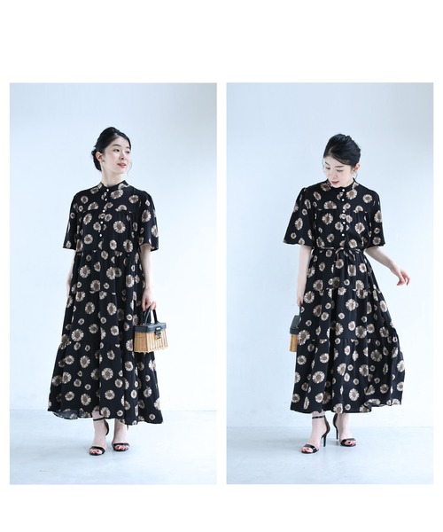 cawaii（カワイイ）の「太陽に映えるひまわり柄ロングワンピース（紐ベルト付き）（ワンピース・レディース・ブラック・FREE）」の5枚目の写真