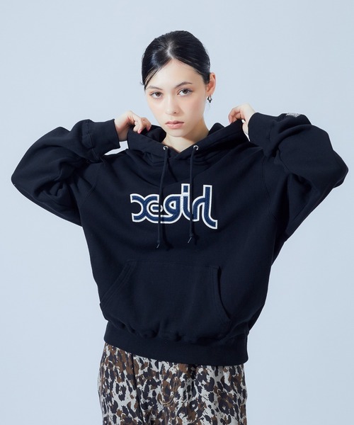 X-girl(エックスガール)の「MILLS LOGO LAYERED PATCH SWEAT HOODIE(パーカー・レディース・パープル/アッシュ/ブラック・S/M/L)」の15枚目の写真
