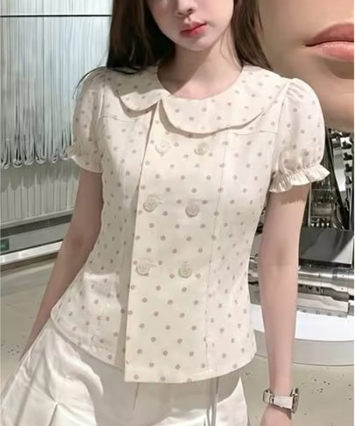 AsheKsha(アシクシャ)の「水玉ベビーカラーダブルボタンパフスリーブショート丈トップス(シャツ/ブラウス・レディース・ベージュ・M)」の13枚目の写真