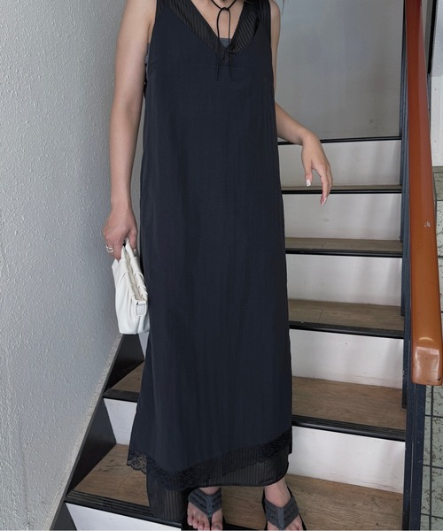 nananamoe(ナナナモエ)の「sheer stripe lace fabric nylon OP / シアーストライプレースファブリックナイロンワンピース(ワンピース・レディース・ブラック/ホワイト・FREE)」の3枚目の写真