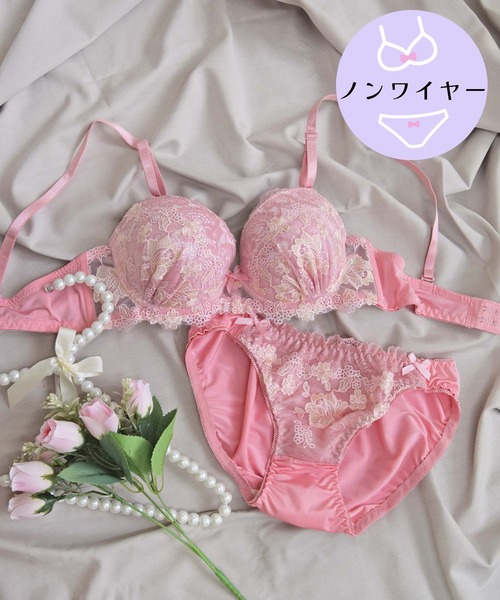 【ノンワイヤー/ラクして整う！ストレスフリーで上品なフィット感♪】上下セット/M-LL/ファンシーフラワー