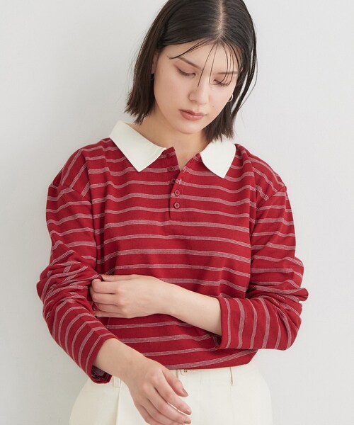 THE SHOP TK (ザ ショップ ティーケー )の「ボーダーポロシャツ(ポロシャツ・レディース・チャコール/ダークブラウン系2/ワイン系4・13/12)」の3枚目の写真