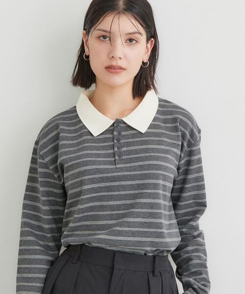 THE SHOP TK (ザ ショップ ティーケー )の「ボーダーポロシャツ(ポロシャツ・レディース・チャコール/ダークブラウン系2/ワイン系4・13/12)」の1枚目の写真