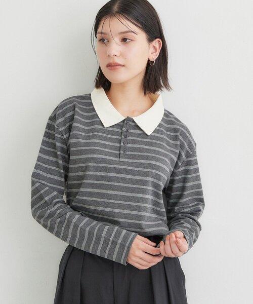 THE SHOP TK (ザ ショップ ティーケー )の「ボーダーポロシャツ(ポロシャツ・レディース・チャコール/ダークブラウン系2/ワイン系4・13/12)」の21枚目の写真