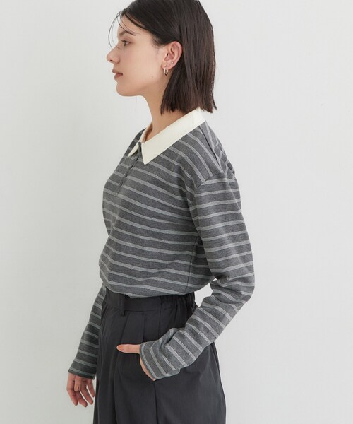 THE SHOP TK (ザ ショップ ティーケー )の「ボーダーポロシャツ(ポロシャツ・レディース・チャコール/ダークブラウン系2/ワイン系4・13/12)」の12枚目の写真