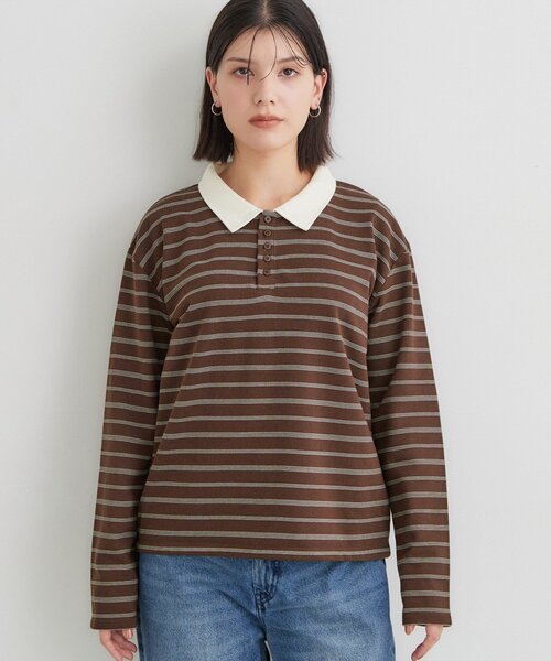 THE SHOP TK (ザ ショップ ティーケー )の「ボーダーポロシャツ(ポロシャツ・レディース・チャコール/ダークブラウン系2/ワイン系4・13/12)」の6枚目の写真