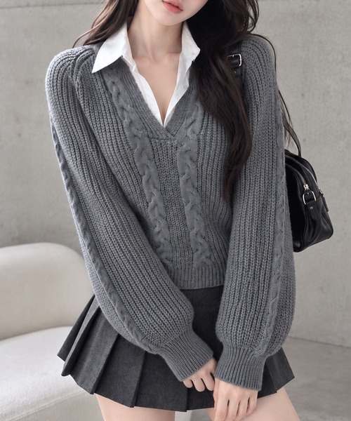 GLAMOROUS JANE(グラマラスジェーン)の「シャツレイヤード風ケーブルニット(ニット/セーター・レディース・ホワイト/グレー/ブラック・FREE)」の10枚目の写真