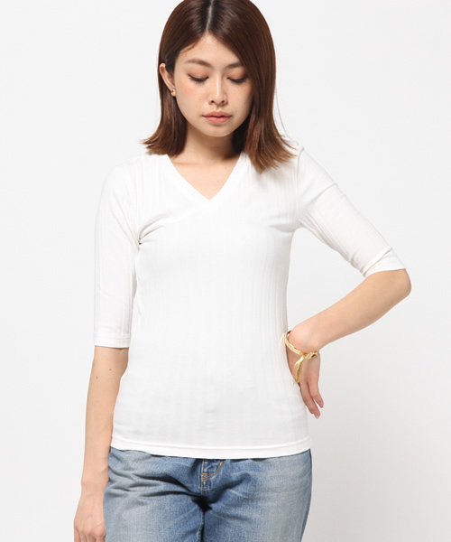 MOUSSY（マウジー）の「V/N WIDE RIB TOPS（Tシャツ/カットソー・レディース・トップグレー/ホワイト/ブラック・1/2）」の11枚目の写真