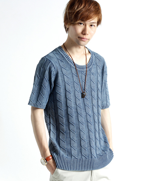 MONO-MART（モノマート）の「バイオウォッシュ加工リンクスケーブル編み/深クルーネックニット（ニット/セーター・メンズ・ベージュ/ネイビー/ライトインディゴブルー/ブラック/サックスブルー/オフホワイト・L/M）」の5枚目の写真