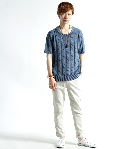 MONO-MART（モノマート）の「バイオウォッシュ加工リンクスケーブル編み/深クルーネックニット（ニット/セーター・メンズ・ベージュ/ネイビー/ライトインディゴブルー/ブラック/サックスブルー/オフホワイト・L/M）」の22枚目の写真