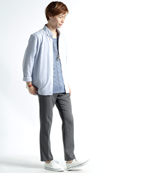 MONO-MART（モノマート）の「バイオウォッシュ加工リンクスケーブル編み/深クルーネックニット（ニット/セーター・メンズ・ベージュ/ネイビー/ライトインディゴブルー/ブラック/サックスブルー/オフホワイト・L/M）」の15枚目の写真