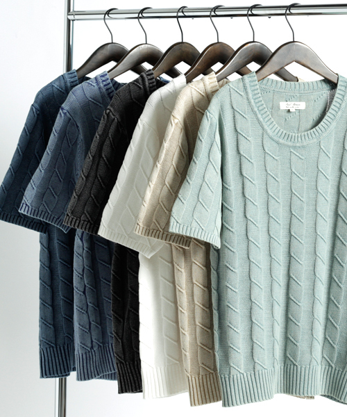 MONO-MART（モノマート）の「バイオウォッシュ加工リンクスケーブル編み/深クルーネックニット（ニット/セーター・メンズ・ベージュ/ネイビー/ライトインディゴブルー/ブラック/サックスブルー/オフホワイト・L/M）」の19枚目の写真