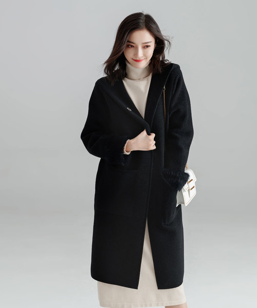 【sysorus】フェイクファー　フーデッドコート　黒 Lace Ladies（レースレディース） コート アウター フーデット ミドル