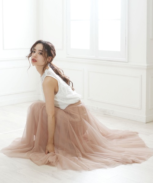 Girly Doll（ガーリードール）の「チュールロングスカート（スカート・レディース・ホワイト/ブラック/グレー/ブラウン/ベージュ/ピンクベージュ/ライトイエロー/ネイビー/ライトパープル/モカ/ダークグリーン/ピンク系その他/ライトブルー/ライトグリーン/ダークパープル・M/L/S）」の21枚目の写真