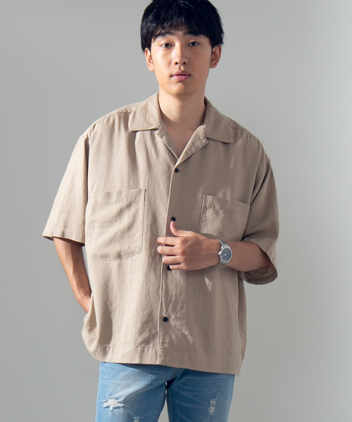 WEGO(ウィゴー)の「WEGO/麻レーヨンオープンカラーシャツ(シャツ/ブラウス・メンズ・ベージュ/キャメル/カーキ・MEDIUM/LARGE)」の2枚目の写真