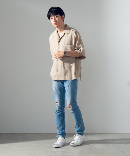 WEGO(ウィゴー)の「WEGO/麻レーヨンオープンカラーシャツ(シャツ/ブラウス・メンズ・ベージュ/キャメル/カーキ・MEDIUM/LARGE)」の4枚目の写真