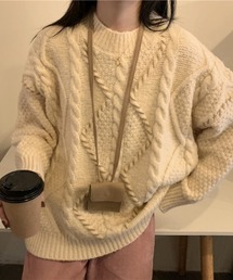 BIGシルエット ハンドステッチケーブルニットプルオーバー
